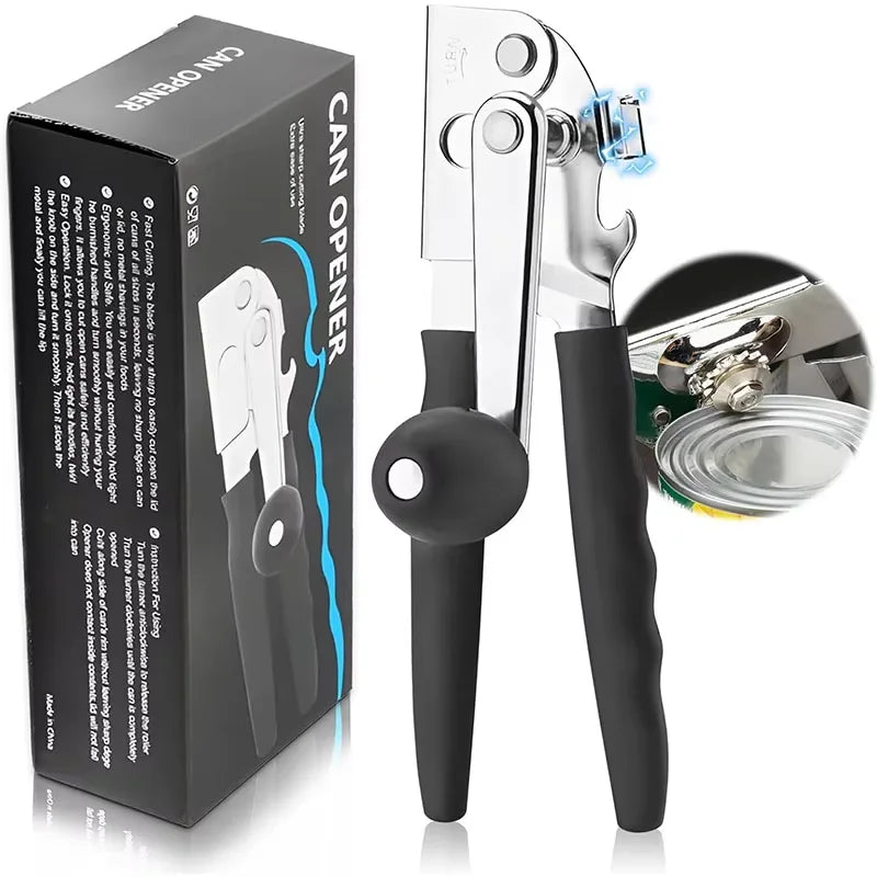 Abrelatas comercial, abrelatas con manivela Manual, abrelatas de mano resistente con borde liso para latas grandes con imán