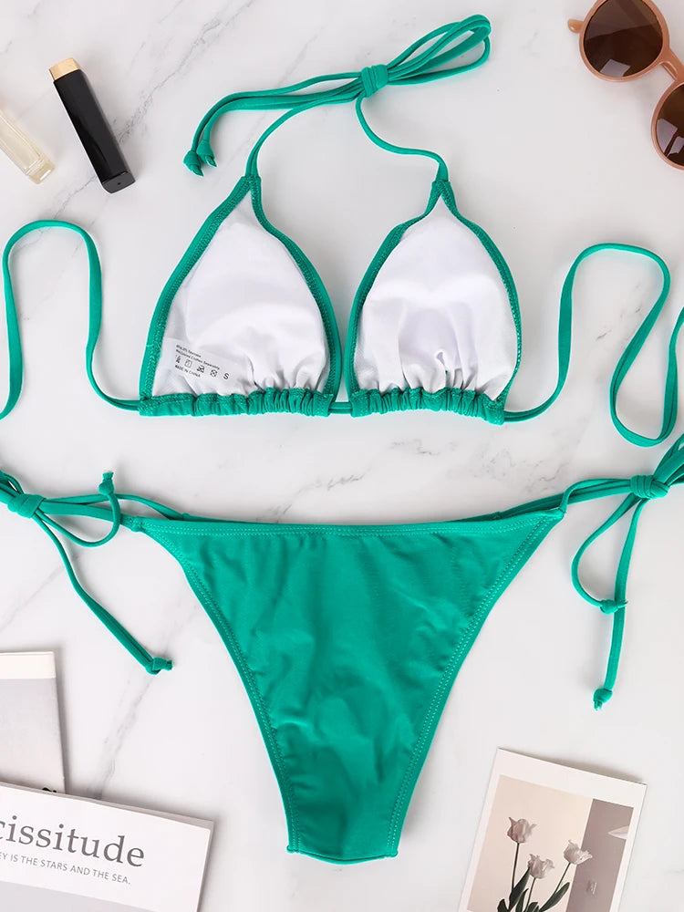 Bikini Tanga Mujer Dos Piezas con Cordones, Estilo Playa Verano