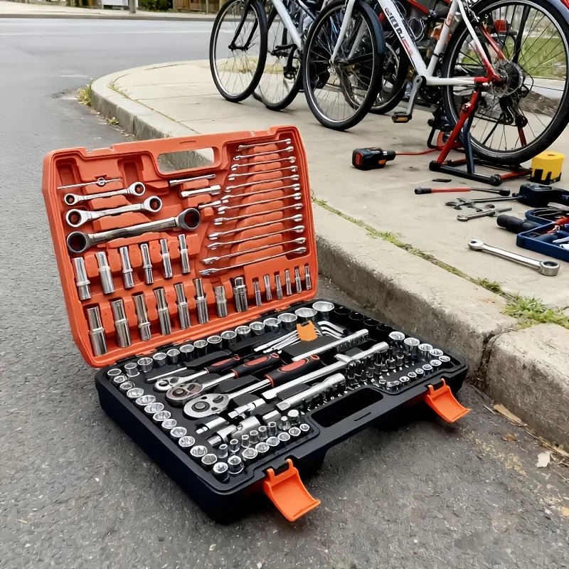 Juego de Herramientas de 150/46 Piezas, Kit de Reparación Automotriz y de Motocicletas - Acero al Cromo Vanadio Resistente, Incluye Llaves de Trinquete