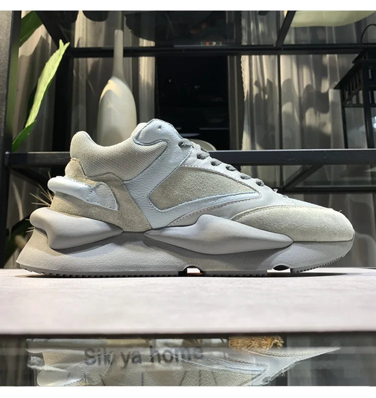 Zapatillas deportivas de plataforma para hombre, Mesh Nightclub Shoes, Retro Dad Sneakers de cuero genuino de alta calidad, Black Warrior