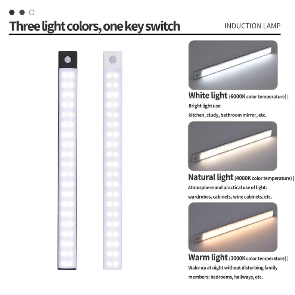 Barra de luz LED con Sensor de movimiento, luz nocturna Led recargable por USB para cocina, armario, iluminación de armario, 30cm/40cm/50cm