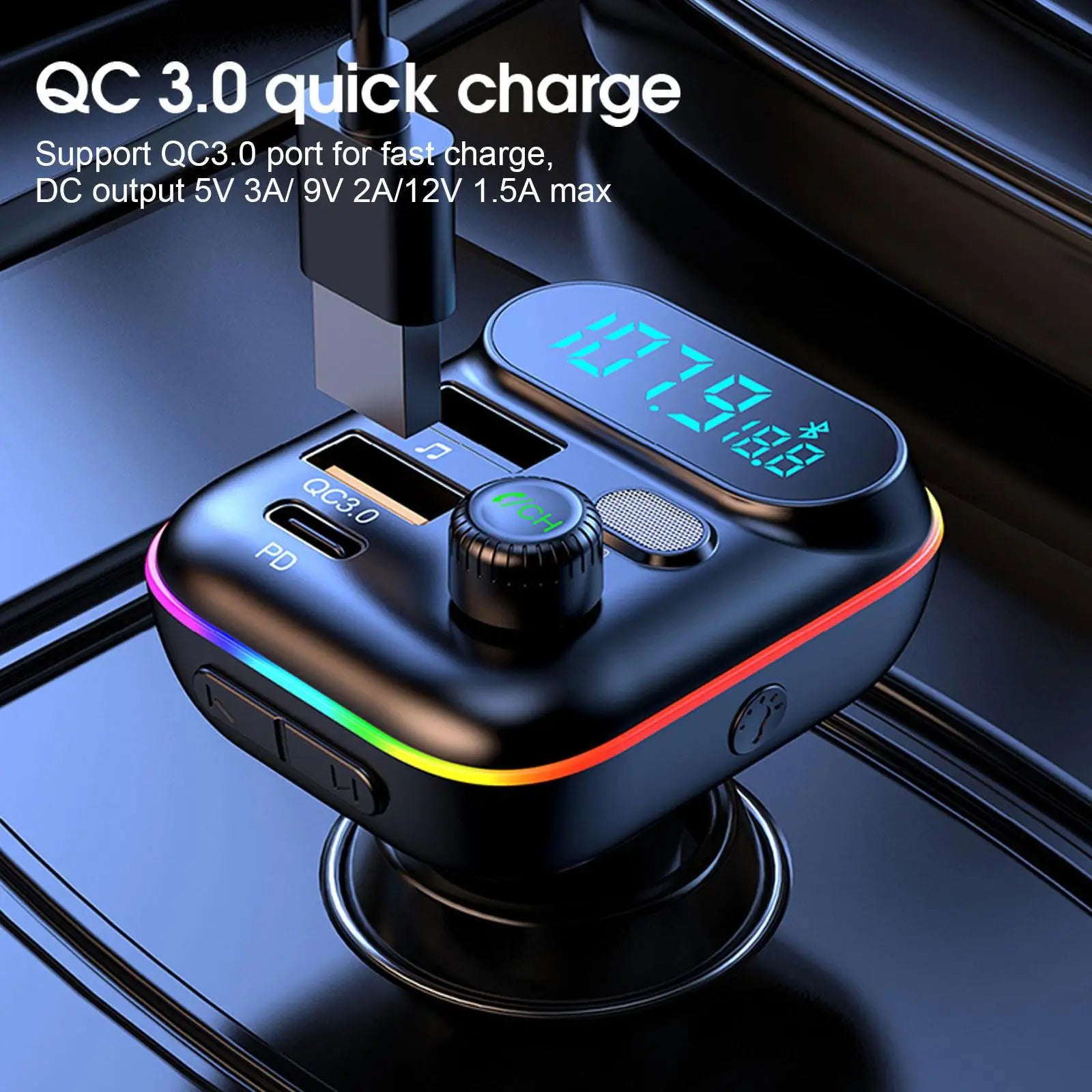 Transmisor FM Bluetooth para coche, transmisor FM Bluetooth 5,0, USB PD, cargador rápido para coche, accesorios electrónicos