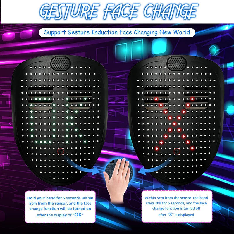 Máscara LED con detección de gestos, efectos de sonido musicales, máscara de Halloween iluminada para Dj, disfraz de mascarada de cumpleaños, fiesta de disfraces
