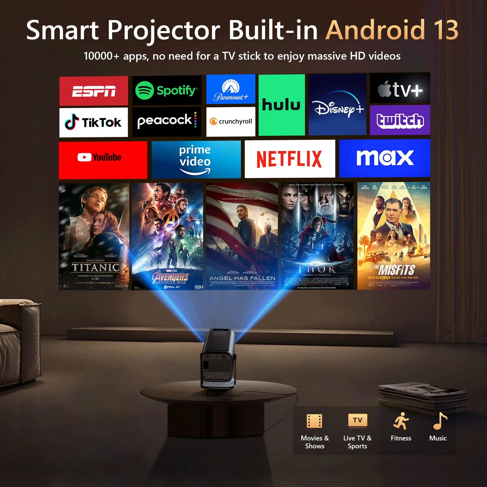 Proyector portátil HD 1080P 4K HY500 Android con espejo de pantalla inalámbrico