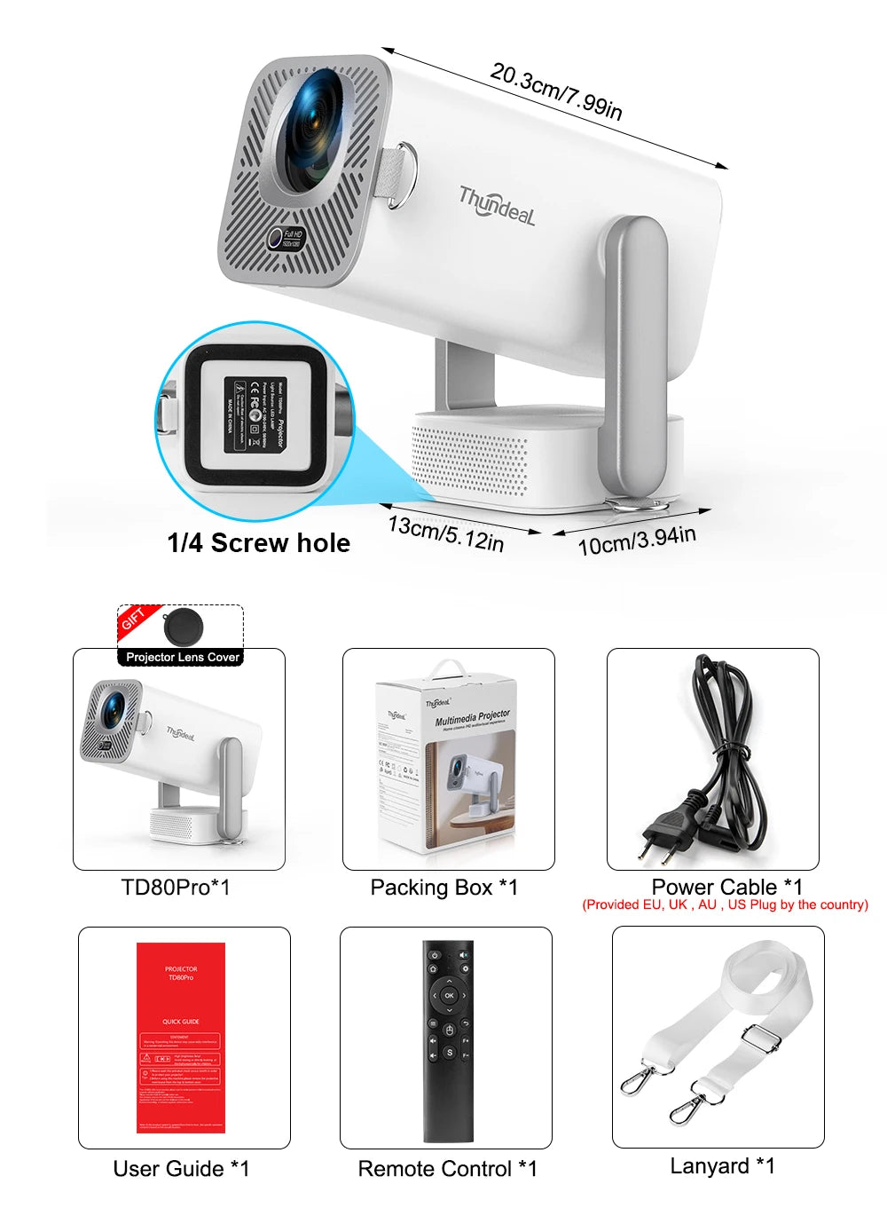 ThundeaL Nuevo Proyector 4K Full HD TD80 Pro Android WiFi 3D Home Theater TD80Pro Proyector Portátil Mini con Video 3D PK TD80W