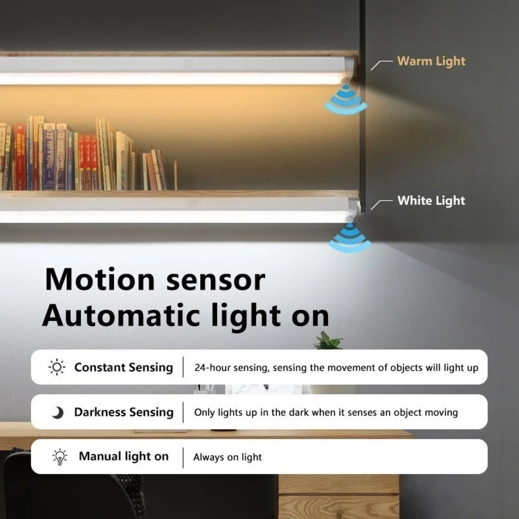 Luz LED para debajo del gabinete con sensor de movimiento, luz recargable para armario, lámpara nocturna magnética regulable para cocina, dormitorio, escaleras
