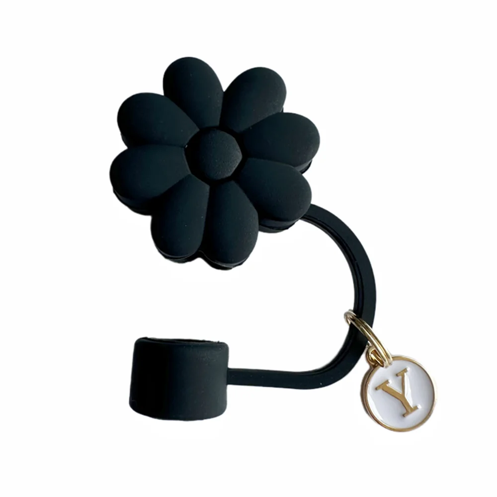 Tapas de Paja de Silicona con Diseño Floral - 26 Letras (Negro)
