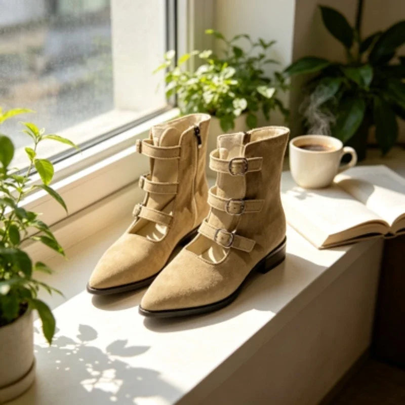 Botines de mujer en ante con hebillas y cremallera, estilo retro occidental