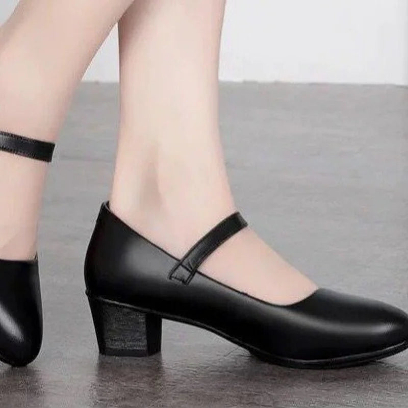 2025 Nuevos zapatos de tacón medio para mujer: cuero suave antideslizante con hebilla ajustable, cómodos para uso diario e informal