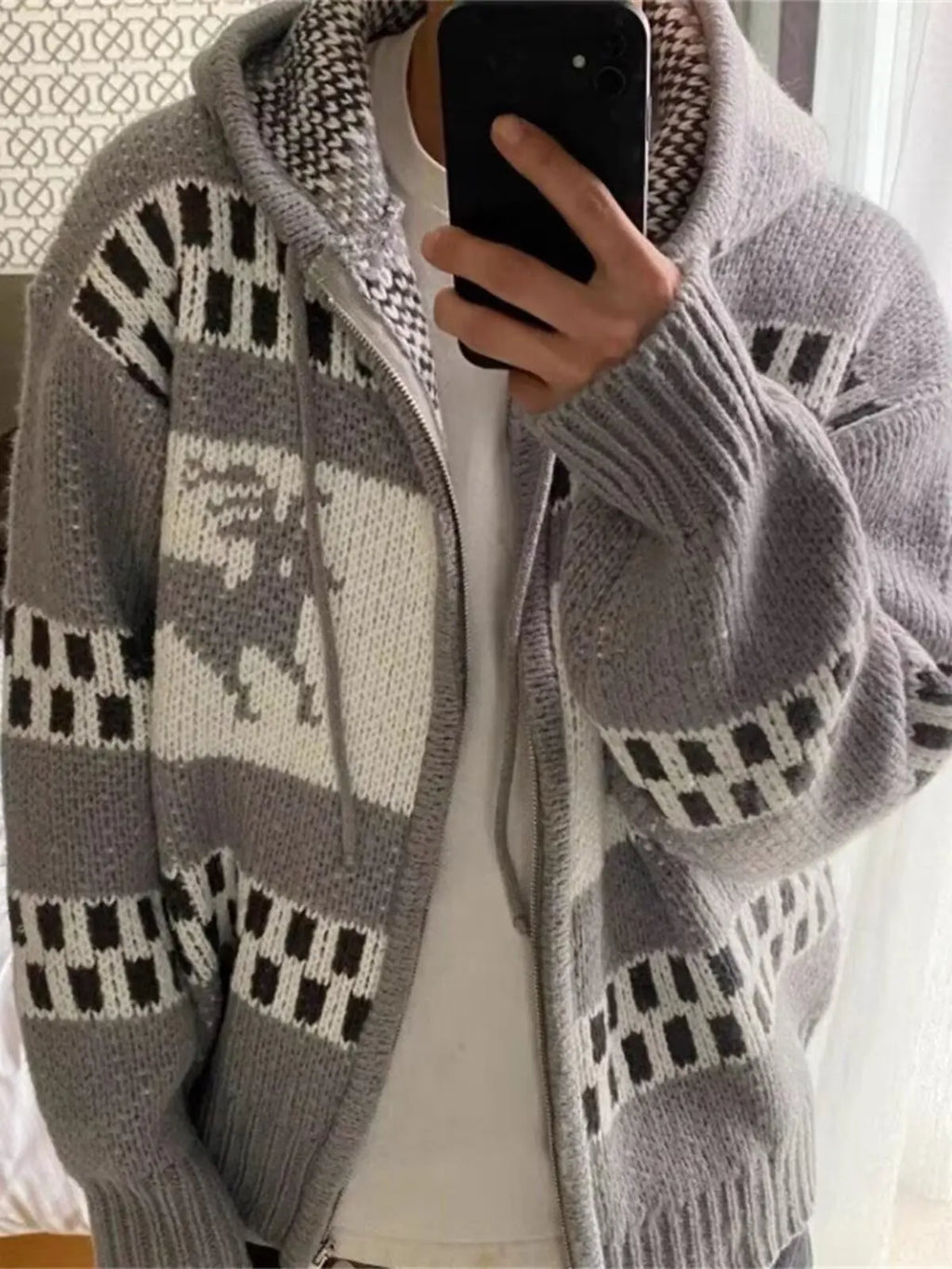 Cárdigan de Punto Jacquard Retro para Hombre, Suéter Esponjoso Suelto