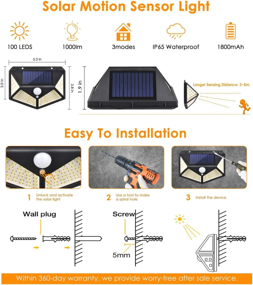 Lámpara Solar LED 100 Luces de Pared con Sensor de Movimiento