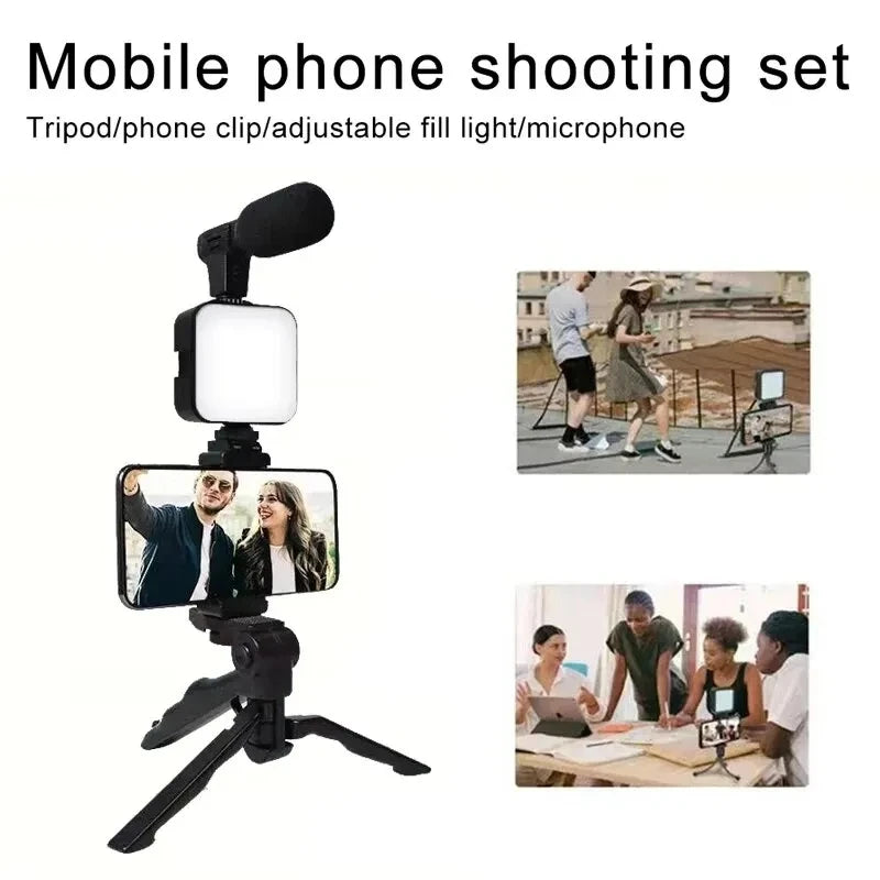 Kit de vlogging para teléfono inteligente con trípode, soporte para teléfono, Mini micrófono, luz de relleno LED, arrancador para transmisión en vivo, vídeo, YouTube