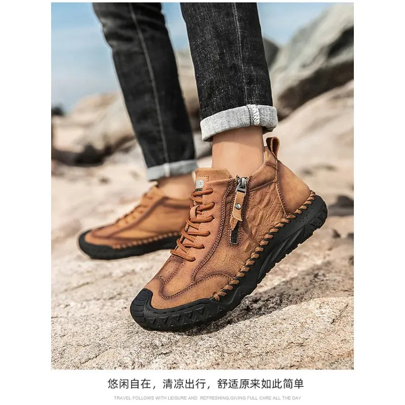 Botas altas de cuero genuino para hombre con cremallera y suela antideslizante