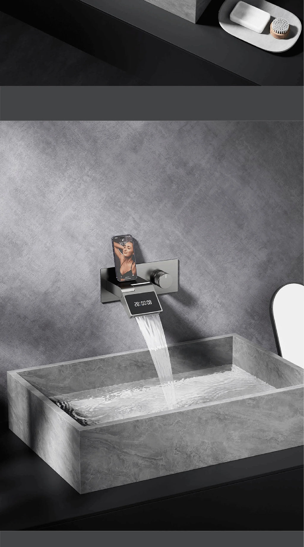 Grifo de baño montado en la pared de latón gris con pistola de lujo con pantalla digital LED Grifo de baño integrado de agua fría y caliente con una sola manija