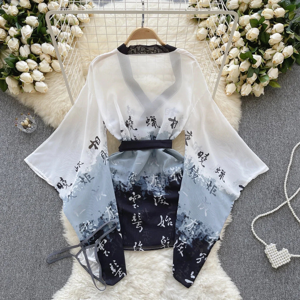 Albornoz de una pieza con estampado de Kimono japonés para mujer, ropa de dormir Sexy, Pijamas informales de manga holgada, conjuntos de bata