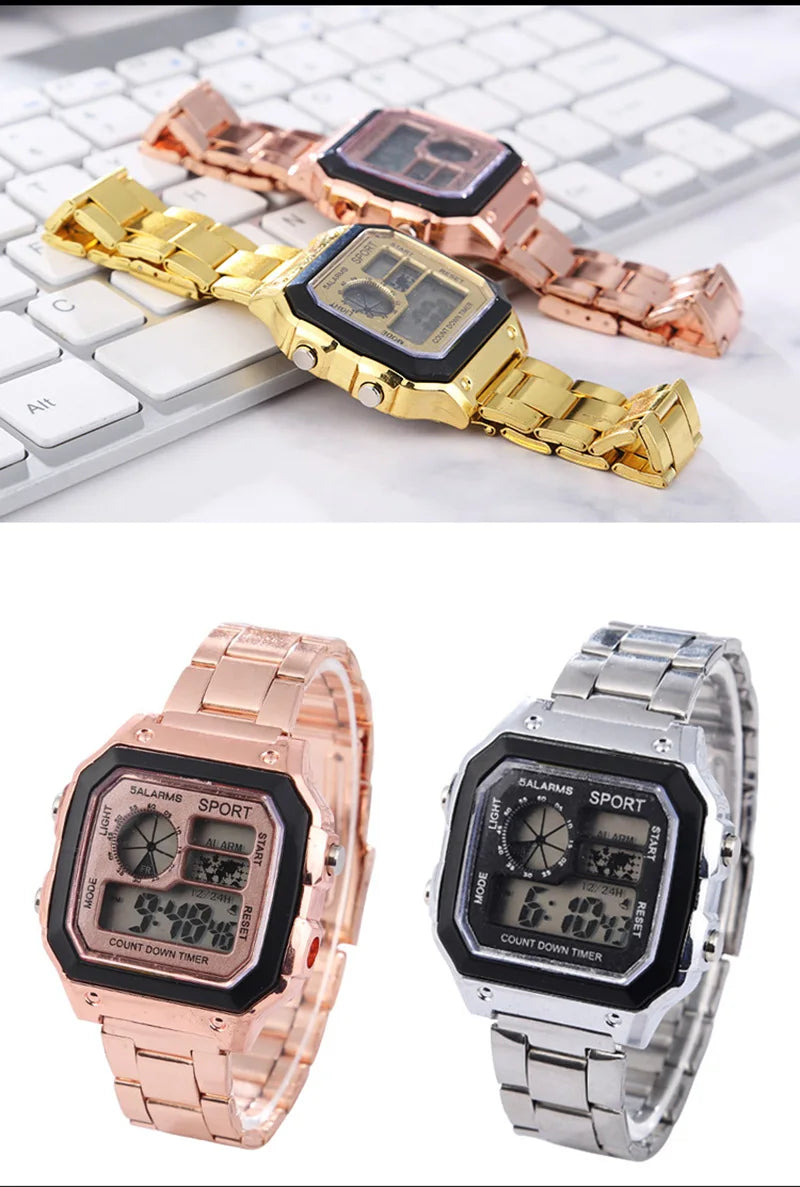 Reloj Digital YIKAZE para hombre, correa de acero inoxidable, relojes deportivos con cuenta atrás, reloj de pulsera electrónico Led resistente al agua para regalo de hombre