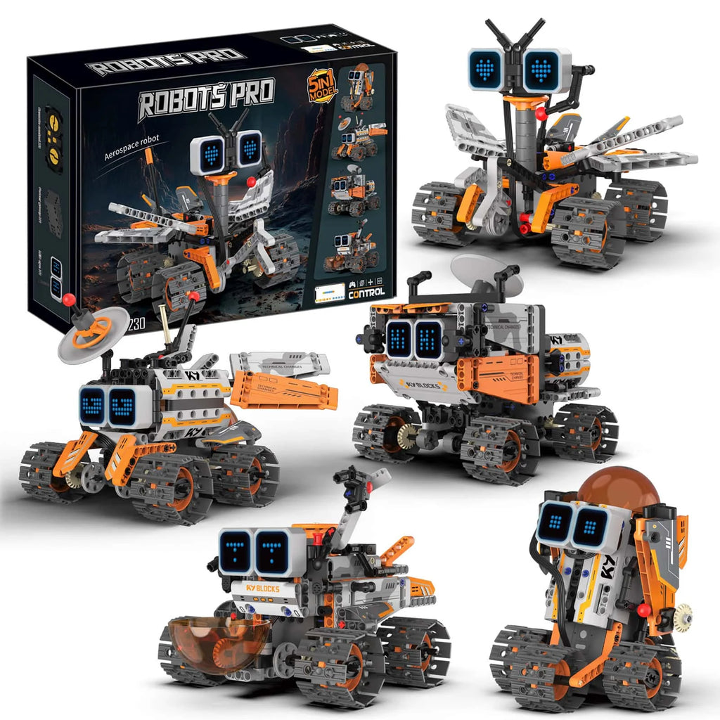 Kit de construcción de robot espacial 5 en 1 con pantalla LED, control remoto de programación Bluetooth: juguete STEM, el regalo de Navidad perfecto