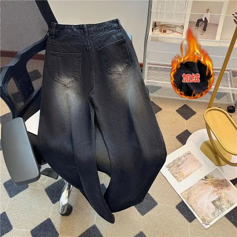 Pantalones Vaqueros Rectos de Lana Gruesa para Mujer, Terciopelo, Invierno