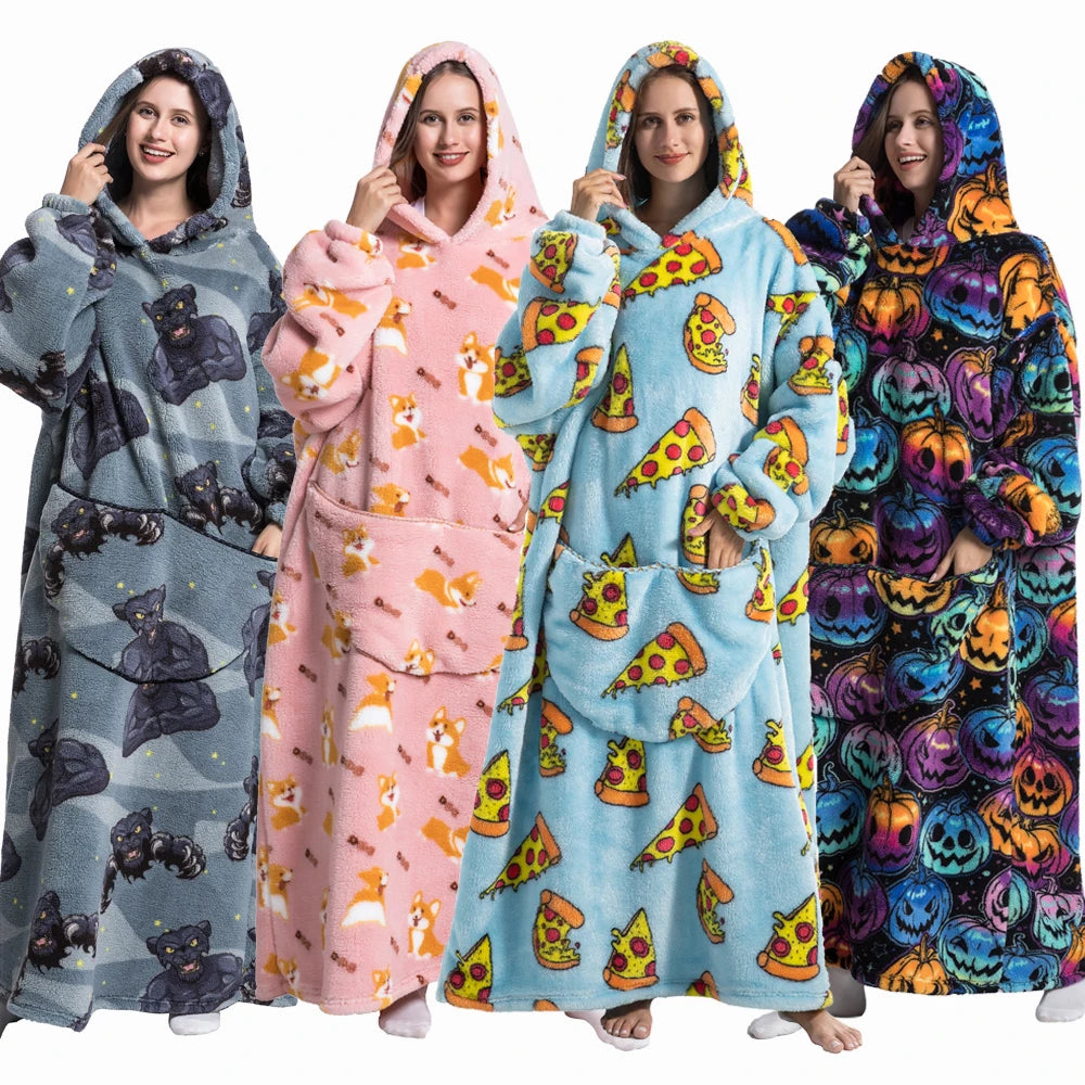 Sudaderas con capucha de invierno para hombre y mujer, jersey de lana gigante para TV, manta de gran tamaño con mangas, ropa de calabaza de Halloween para adultos
