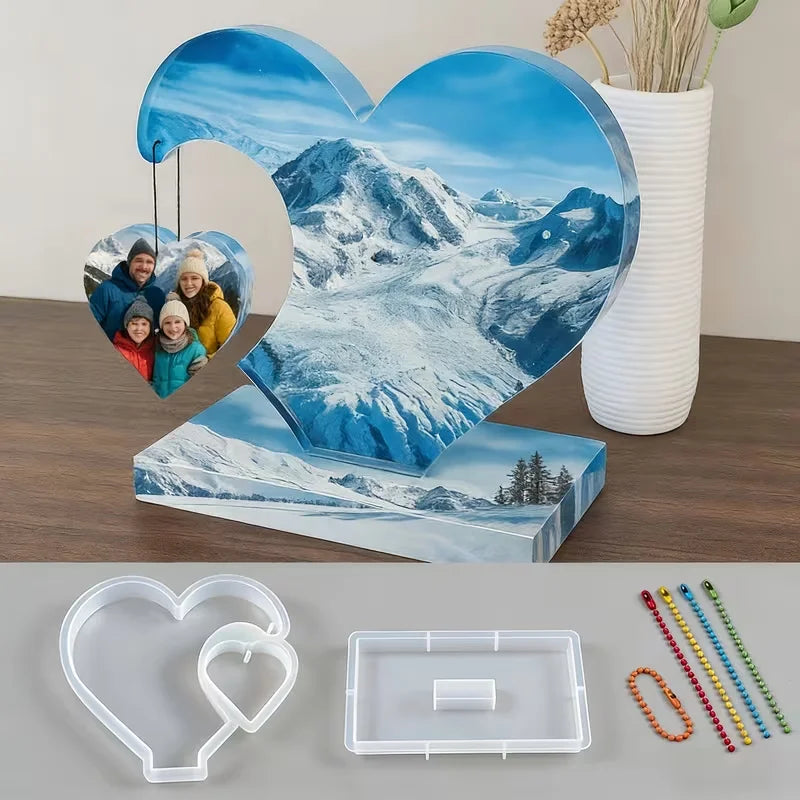 Juego de 7 moldes de silicona para resina epoxi y yeso aromático: colgantes combinados de corazón grande y pequeño, adornos para marcos de fotos
