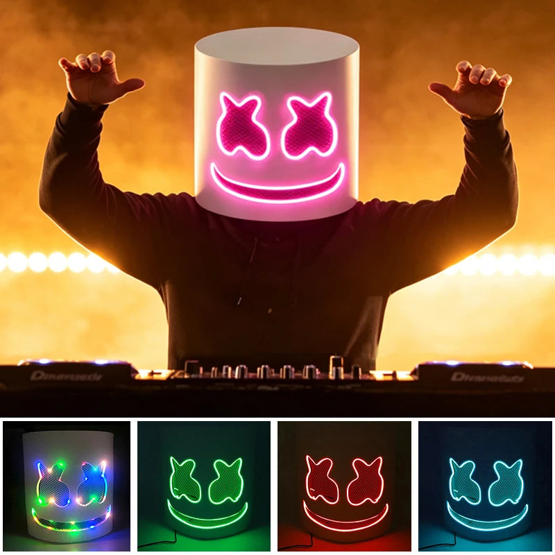 Casco Luminoso con Cable EL de DJ Marshmello, Máscara LED Brillante, Máscara Luminosa para Toda la Cabeza para Festivales Rave EDM, Halloween, Cosplay