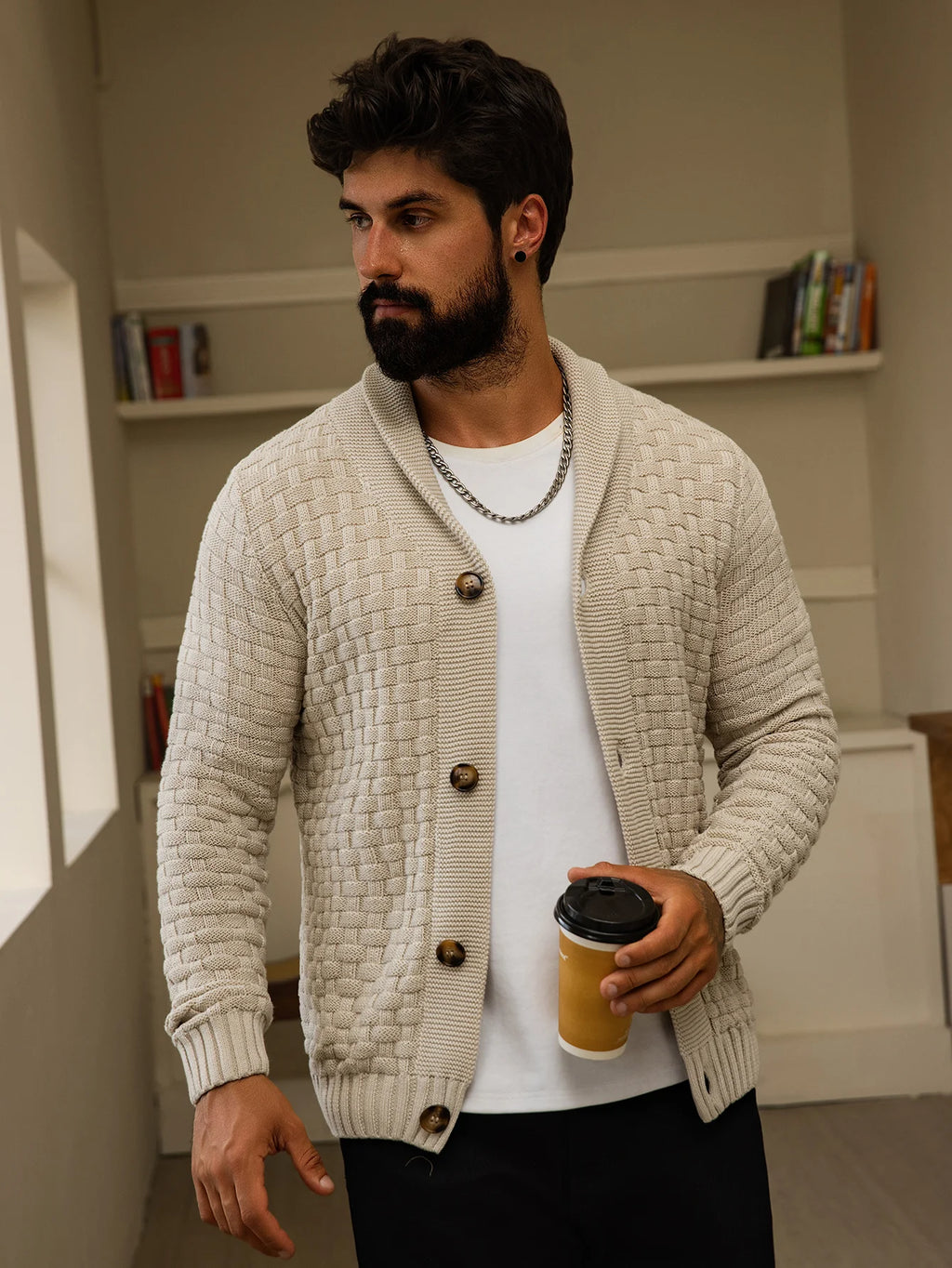 Cárdigan de otoño e invierno para hombre, suéteres cálidos de punto con frente abierto, jersey de manga larga con cuello en V en color sólido para hombre