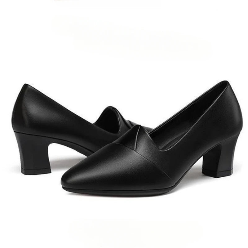 Zapatos de Tacón Grueso con Punta en Pico para Mujer, Zapatos de Oficina y Carrera, Corte en V, Acabado Mate, Clásicos, Elegantes y Cómodos