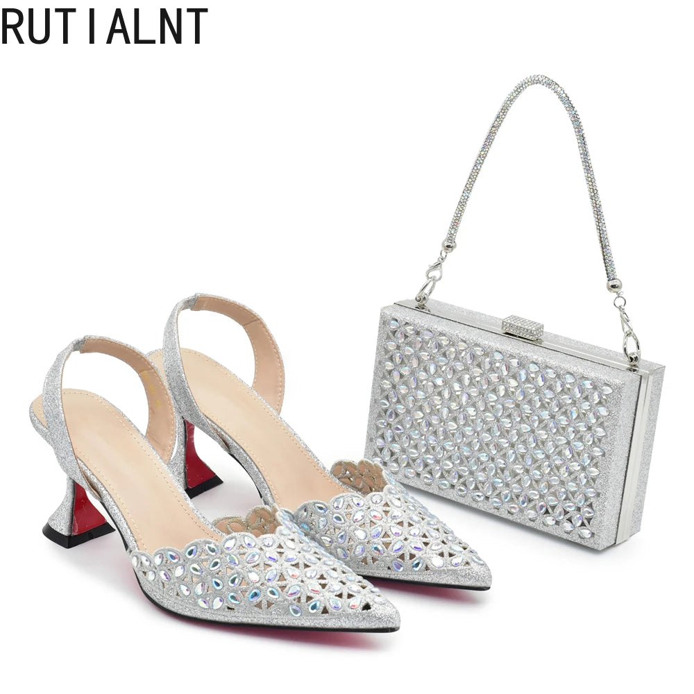 Zapatos y bolso de Color plateado para fiesta, boda, conjunto de zapatos y Bolsa de lujo para mujer, para fiesta de Nigeria, Italia, zapatos de tacón elegantes para mujer