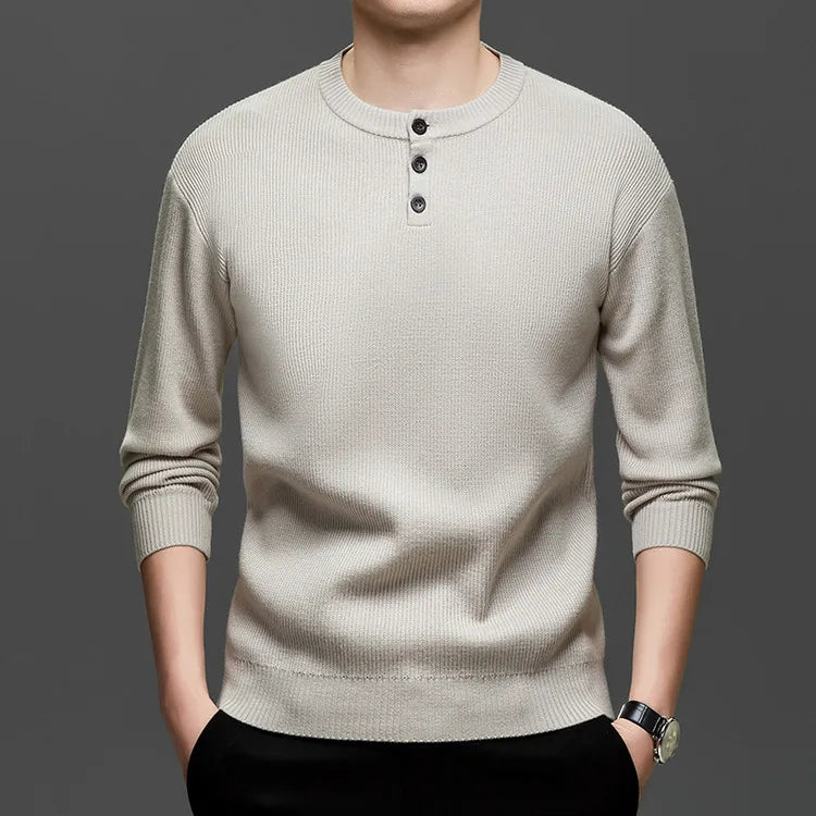 Suéter de punto Henley de peso pesado de 500 g para hombre - Beige (caqui/negro/gris/verde) Otoño Invierno esencial    Toque suave