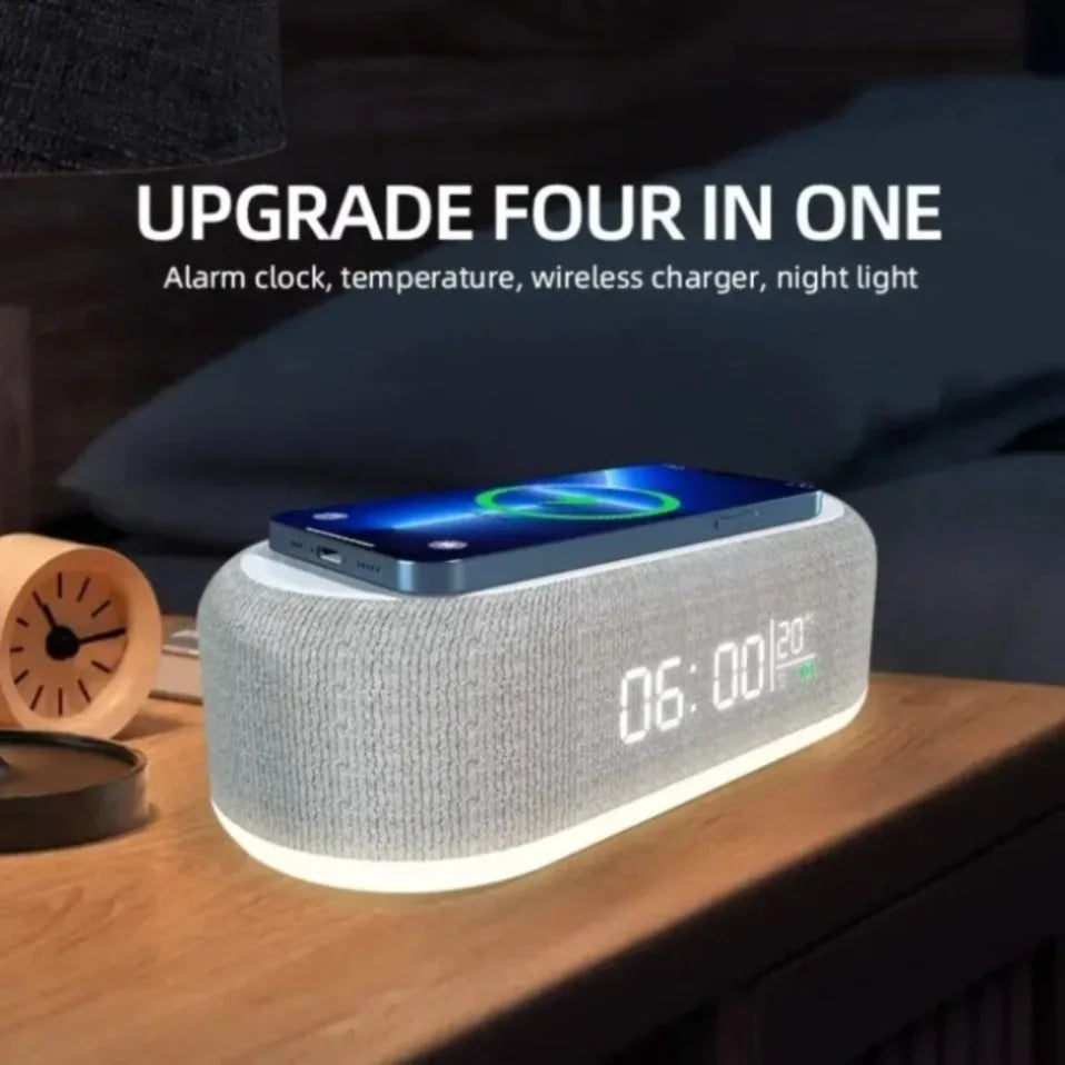 Base de Carga Inalámbrica con Alarma, Lámpara de Noche, Reloj de Escritorio y Termómetro para iPhone 17, 16, 15, 14, 13, con Carga Rápida