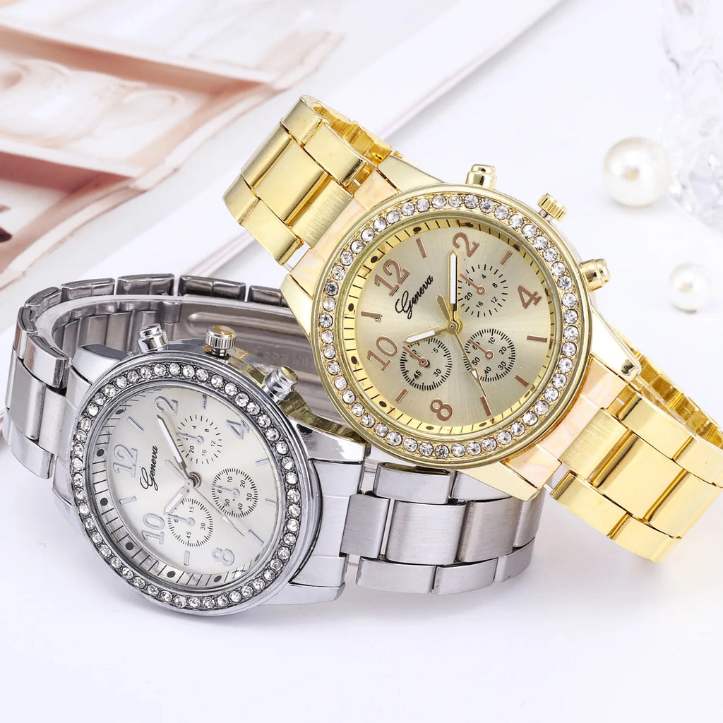 Reloj dorado para mujer Geneva, reloj clásico de acero inoxidable para mujer, relojes de cuarzo con diamantes de imitación a la moda, reloj de pulsera para mujer y niña