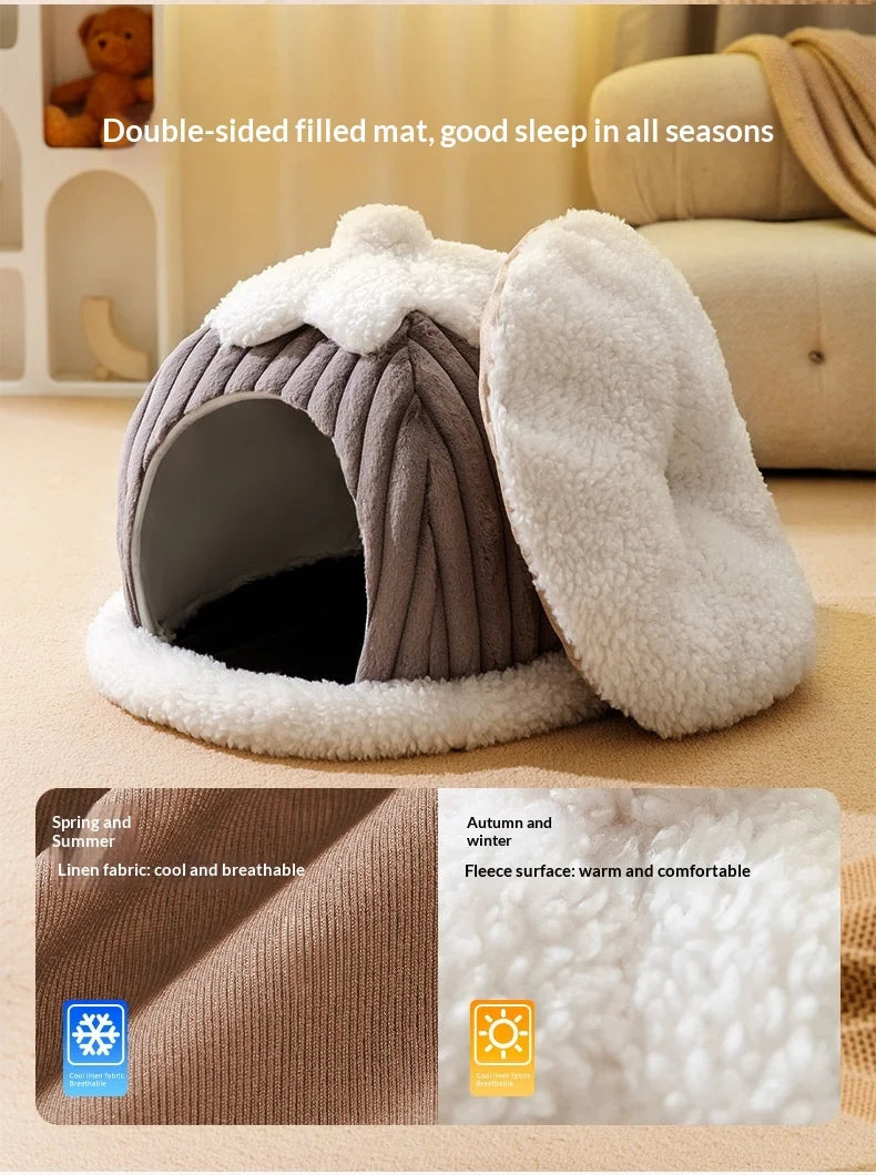 Cama para Gatos de Felpa Semicerrada con Capucha - Cálida y Lavable