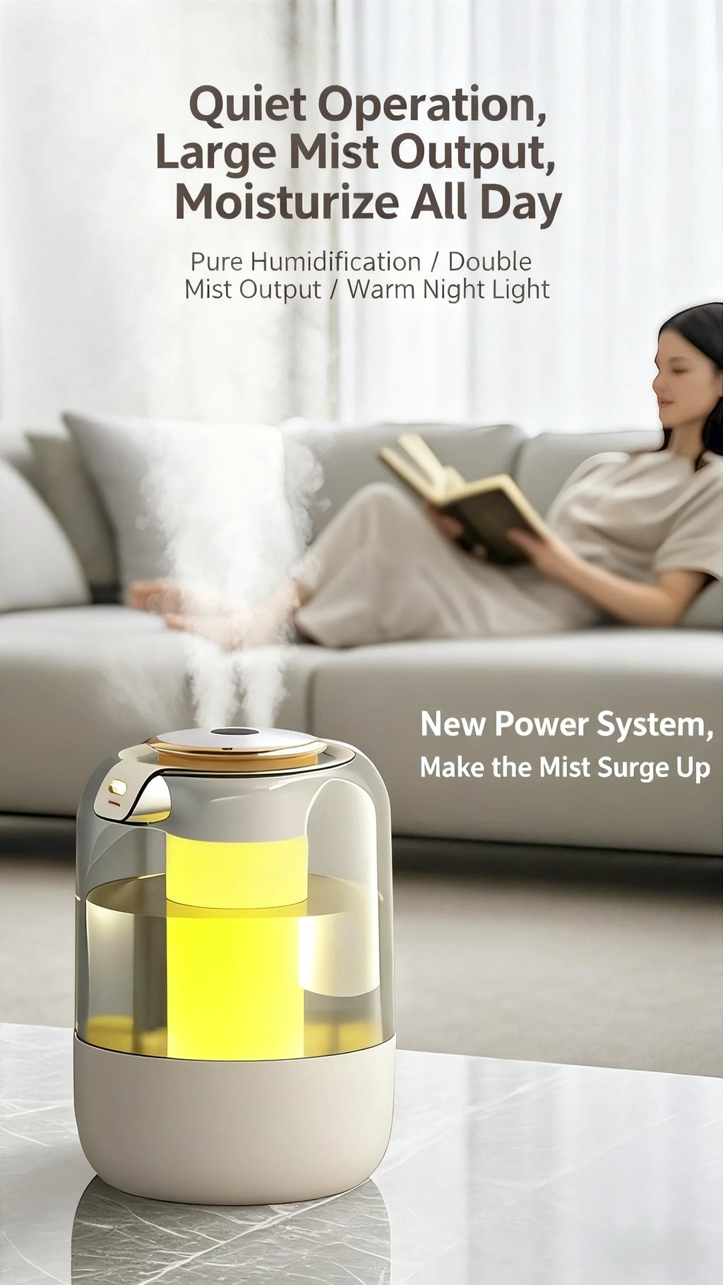 Humidificador de doble pulverización, luz ambiental, niebla silenciosa, sensor inteligente para monitoreo en tiempo real y ajuste de humedad