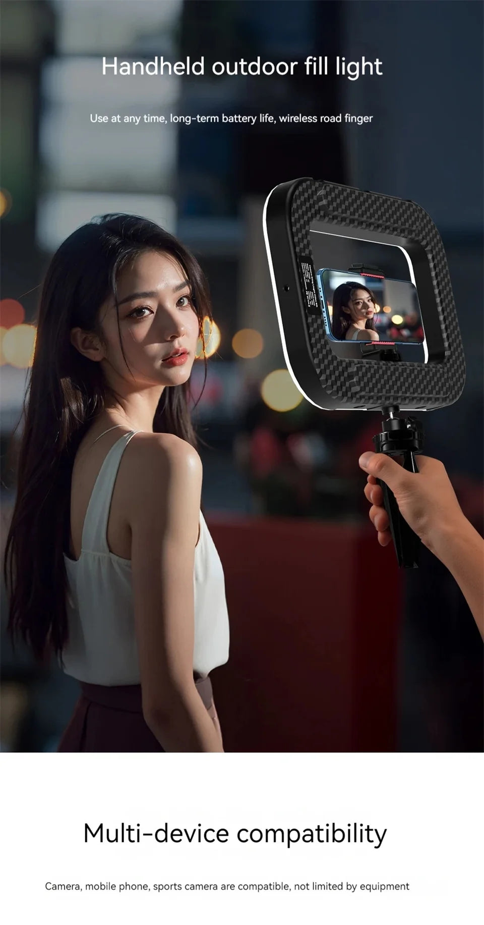Luz de relleno para selfies, iluminación fotográfica LED cuadrada para grabación de video, transmisión en vivo, luz de relleno móvil con clip.