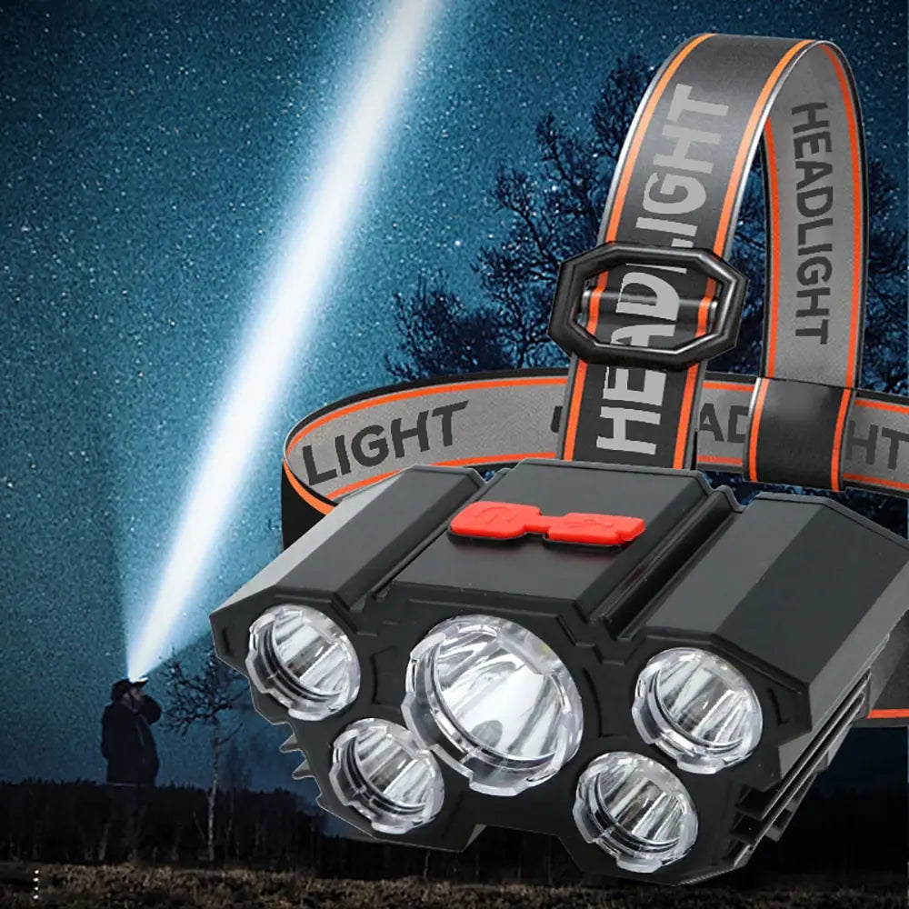 Linterna Frontal Recargable USB 5 LED para Pesca y Camping