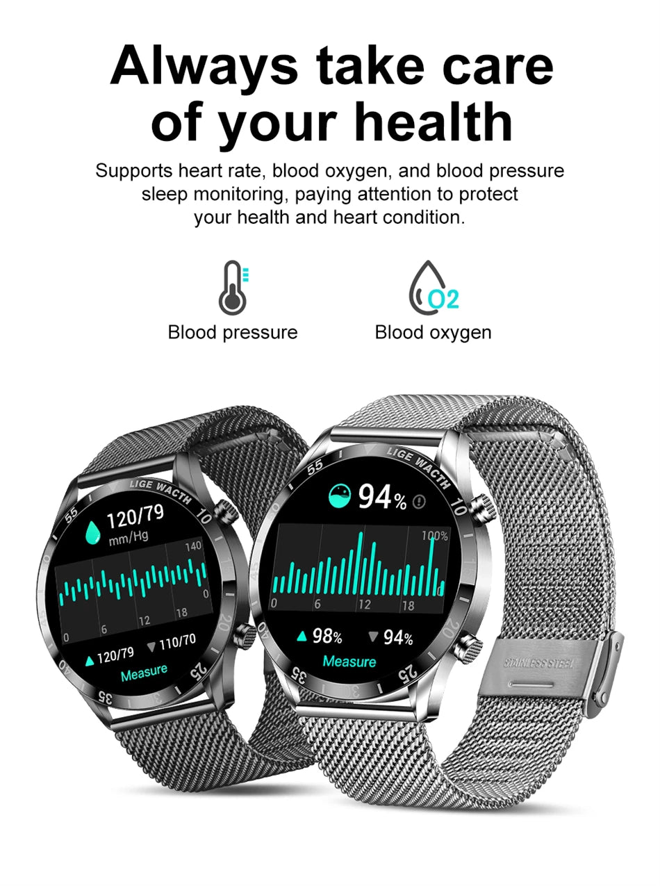 Smartwatch LIGE de lujo para hombre con llamadas Bluetooth y monitor de salud