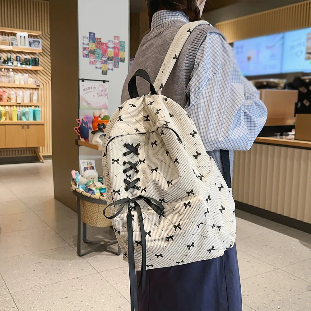 Mochila de Ocio, Mochila de Pana con Lazo para Primavera y Verano, Mochila de Gran Capacidad Estilo Universitario, Mochila para Viajar al Trabajo