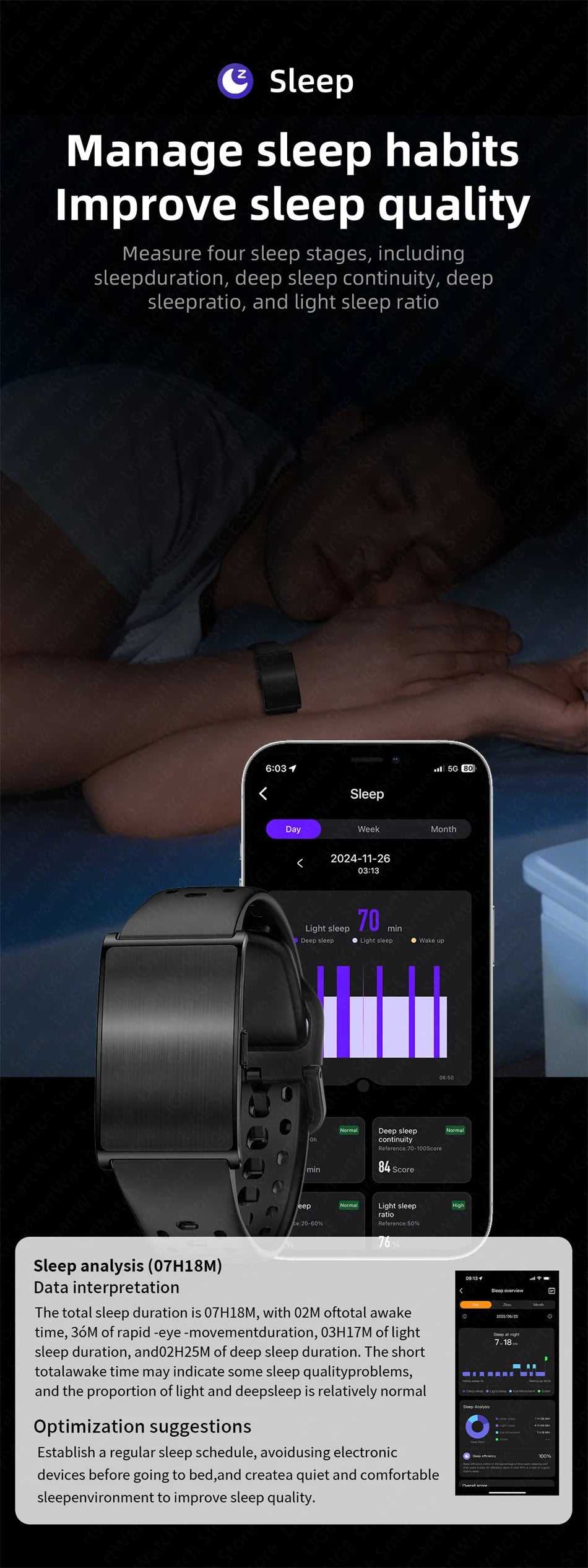 Pulsera inteligente LIGE sin pantalla con GPS y monitor de salud