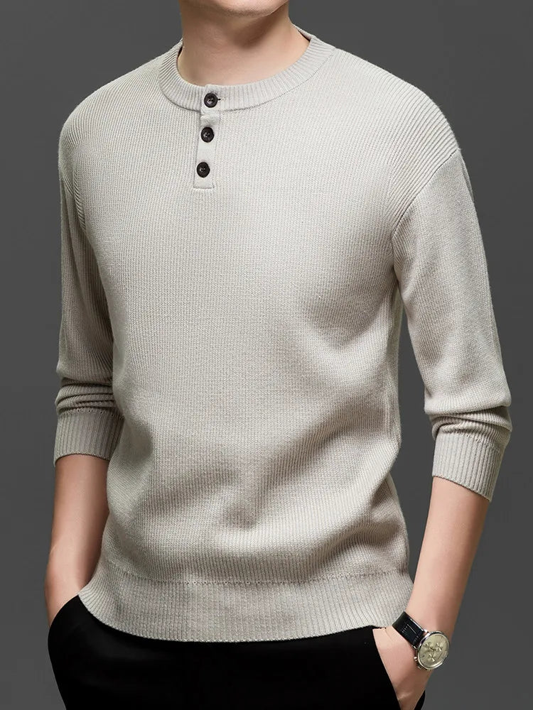Suéter de punto Henley de peso pesado de 500 g para hombre - Beige (caqui/negro/gris/verde) Otoño Invierno esencial    Toque suave