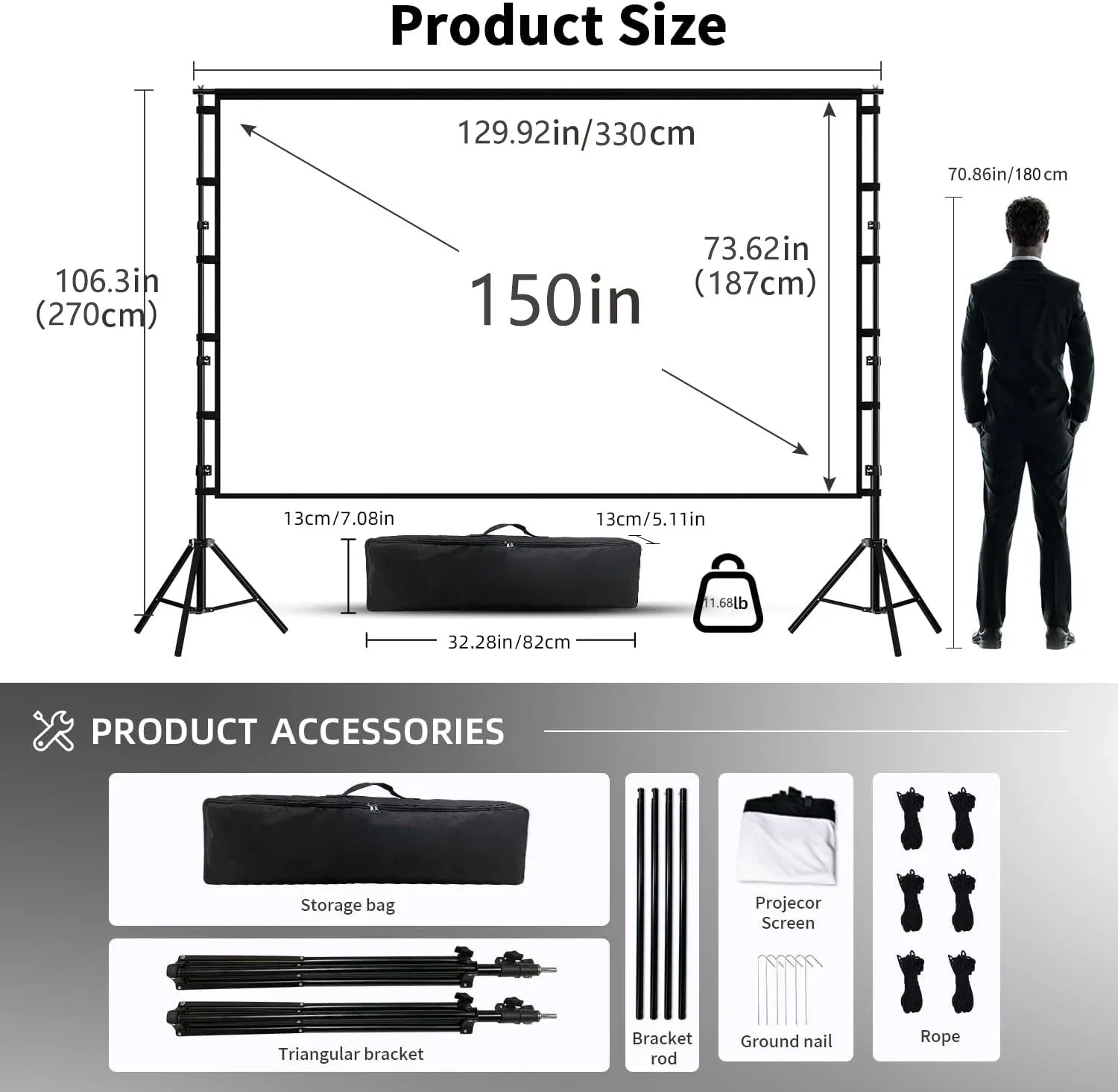 LEJIADA-Pantalla de proyector con soporte, pantalla blanca sin arrugas de 60-150 pulgadas, ángulo de visión de 160 °, doble cara, cine en casa, al aire libre