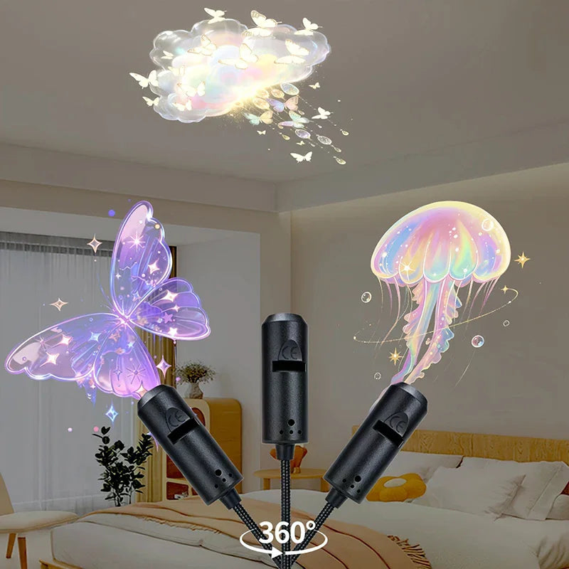 Luz proyectora LED USB con 10 patrones, rotación 360°, para interiores y jardín