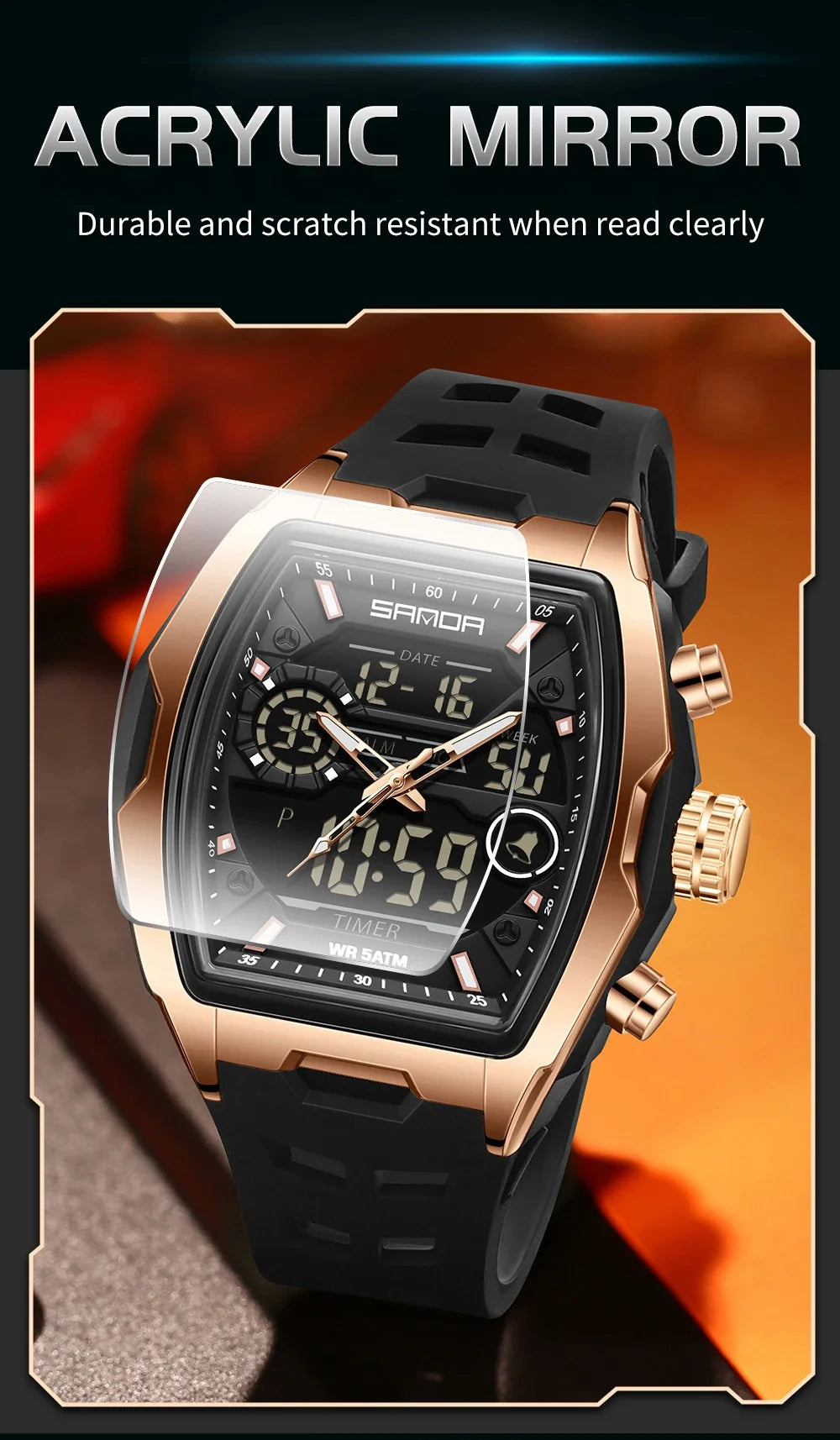 Reloj Deportivo Digital SANDA 6235 para Hombre con LED y Pantalla Dual