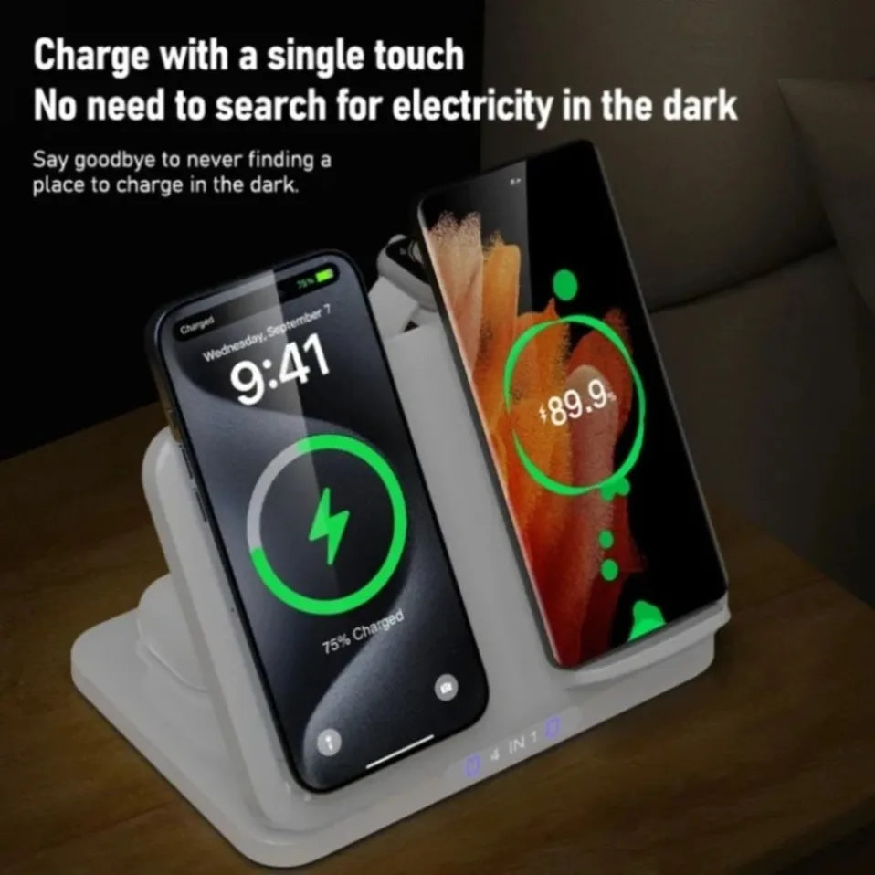 Cargador Inalámbrico 4 en 1 para Dos Teléfonos, Compatible con iPhone 17~12, Samsung S25, Xiaomi, Airpods Pro, Apple Watch 11~2, Carga Rápida Magnética