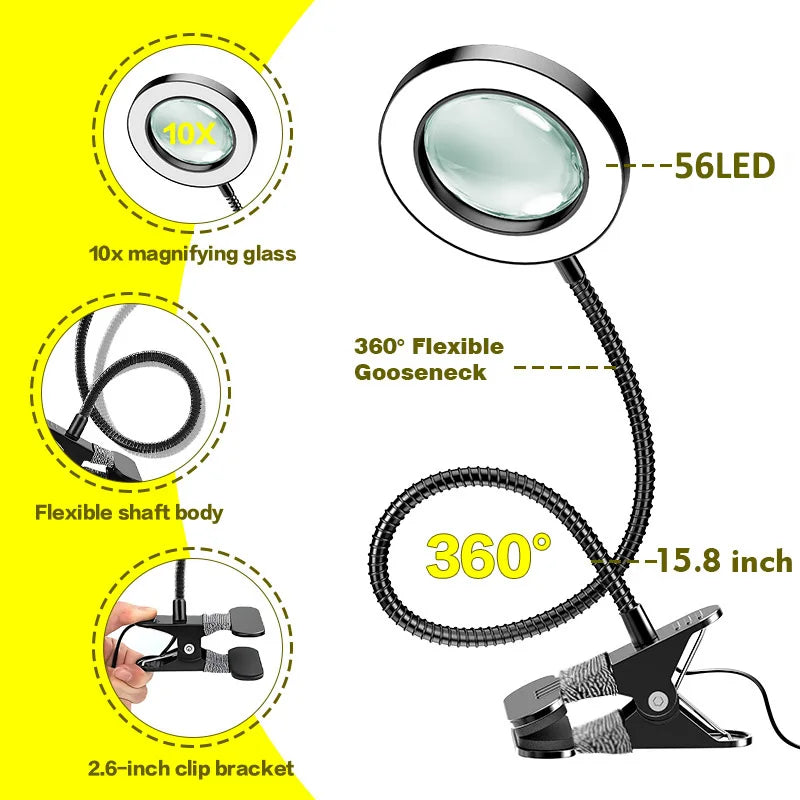 Lupa 5/10X con lámpara de lupa 28/56LED 3 modos de color 10 atenuador de brillo 360 °   Luces flexibles con cuello de cisne (sin adaptador)