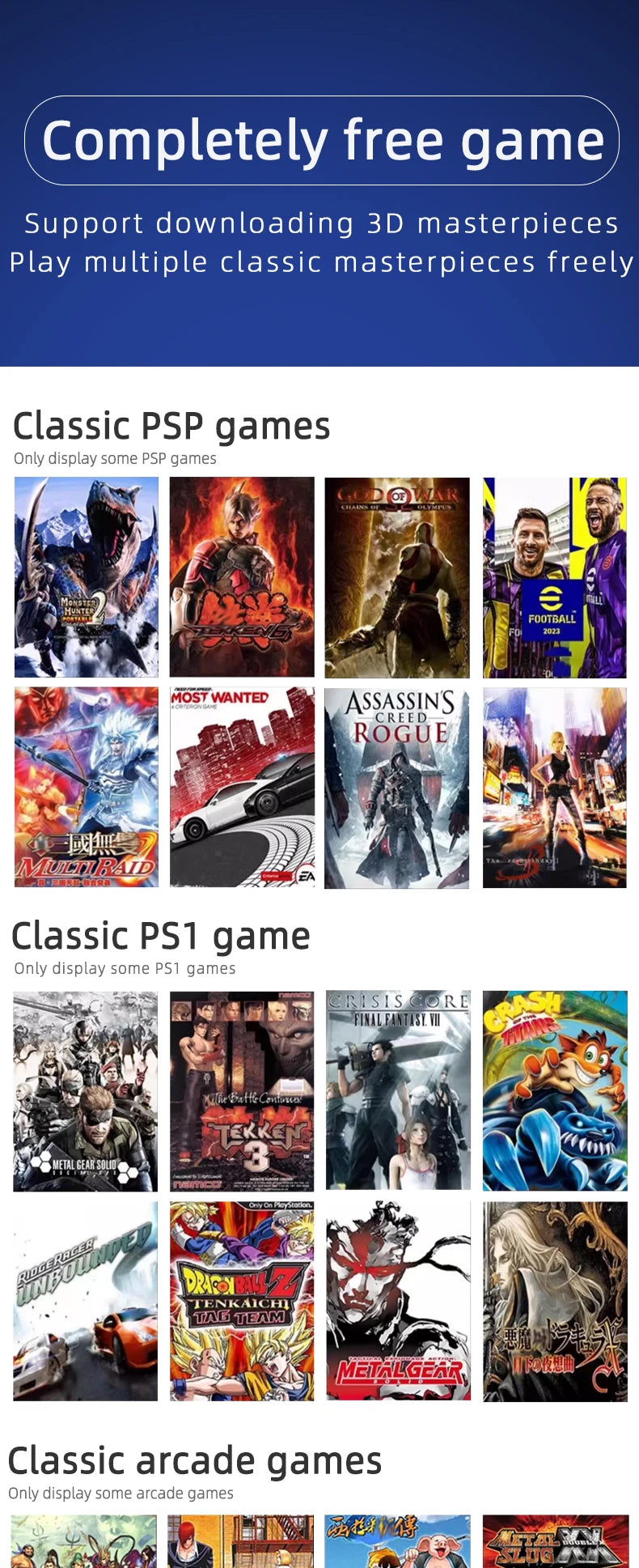 Consola de juegos portátil HD de 7 pulgadas, más de 15000 juegos integrados, más de 20 idiomas, batería de larga duración, regalos de juegos
