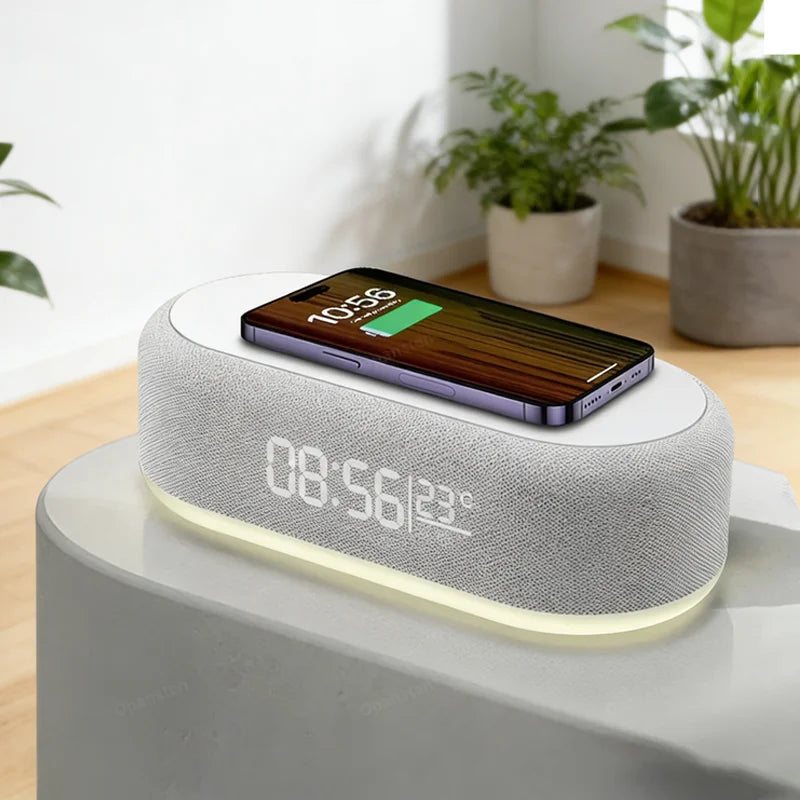 Base de Carga Inalámbrica con Alarma, Lámpara de Noche, Reloj de Escritorio y Termómetro para iPhone 17, 16, 15, 14, 13, con Carga Rápida