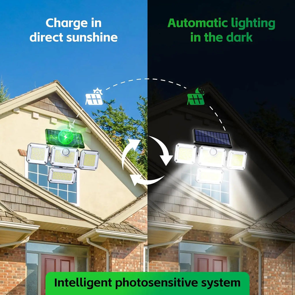 Lámpara Solar 4 Cabezales 122LED 3000 Lúmenes Sensor de Movimiento