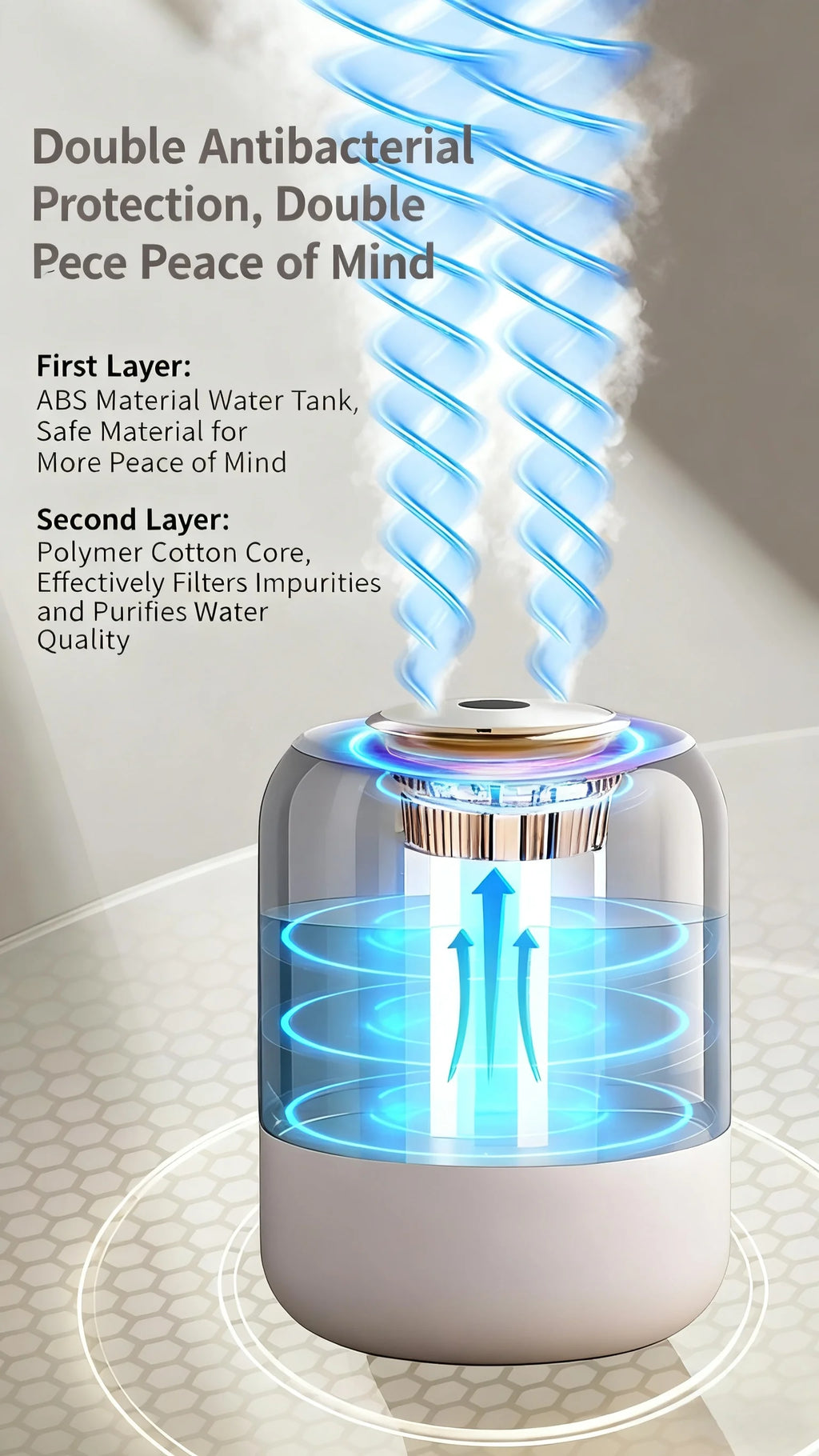 Humidificador de doble pulverización, luz ambiental, niebla silenciosa, sensor inteligente para monitoreo en tiempo real y ajuste de humedad