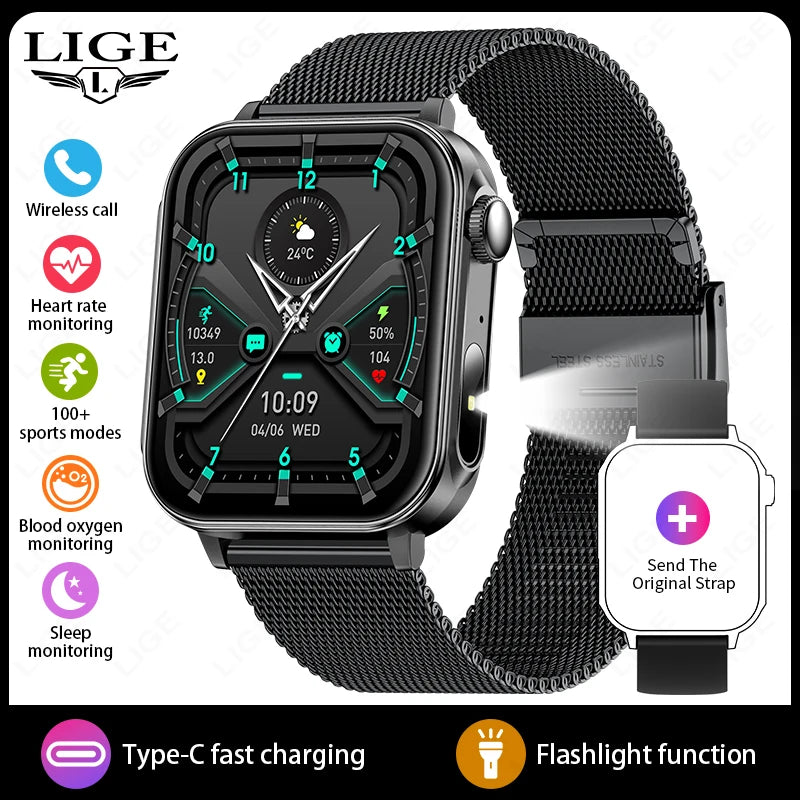 Smartwatch LIGE con llamadas Bluetooth, monitor de salud y carga rápida tipo C