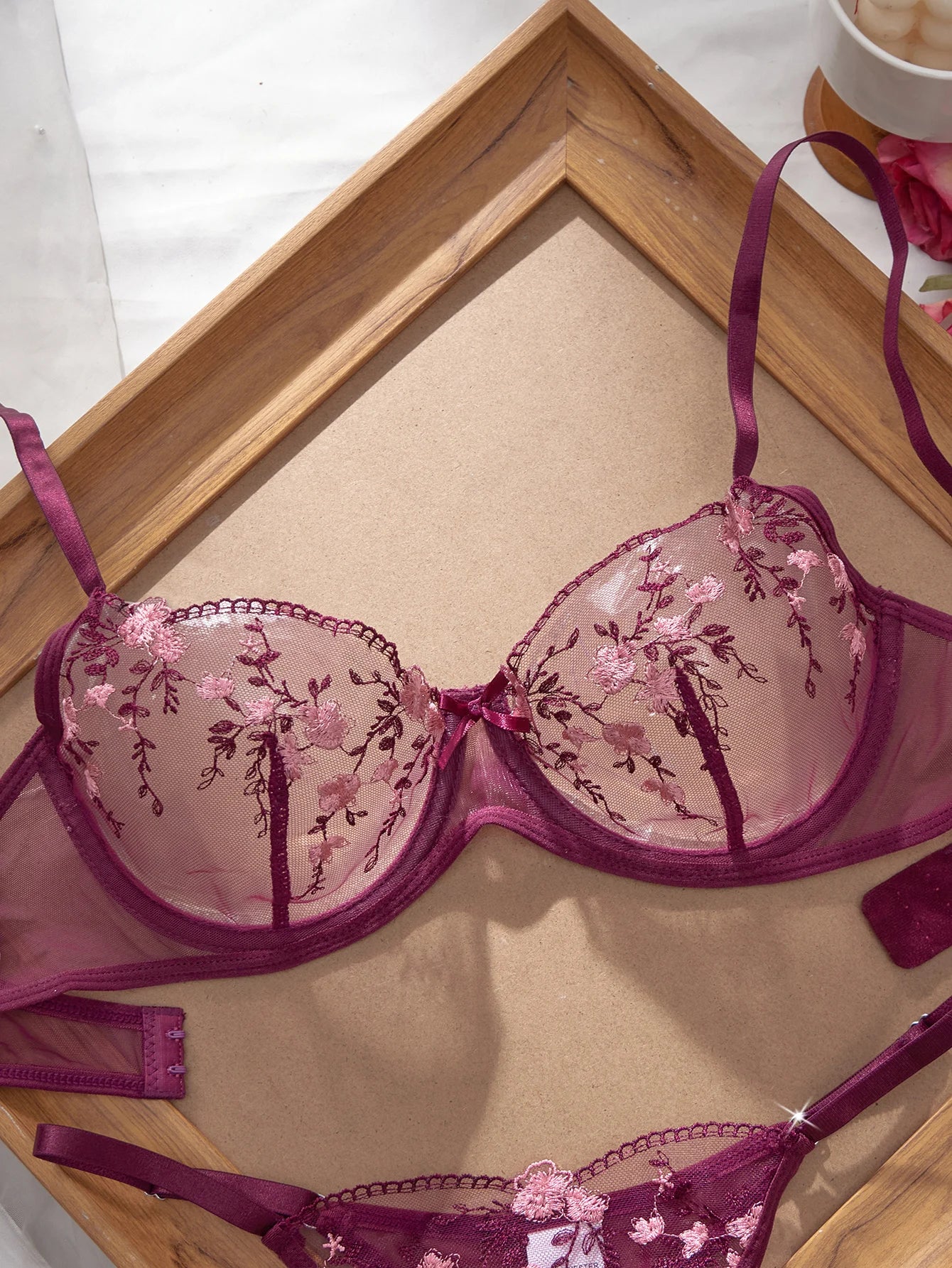Conjunto de Sujetador y Bragas Ultrafino con Estampado Floral para Mujer